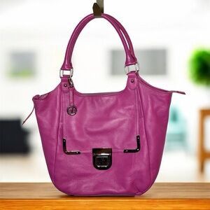 Audrey Brooke Fuchsia Pink Genuine Leather Shoulder Bag Medium Bag Pockets